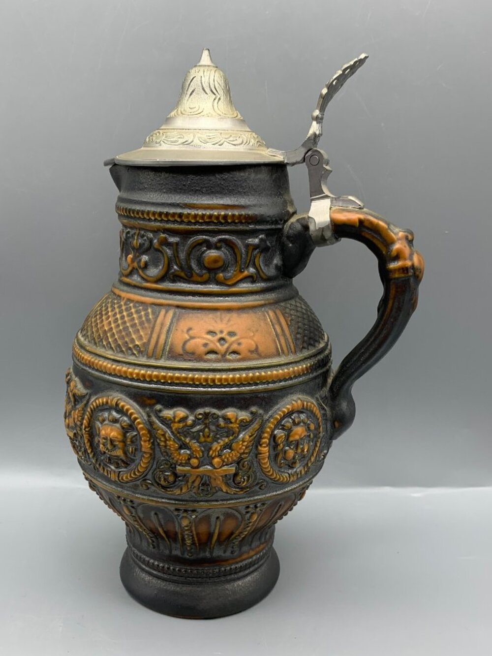 Vintage German Stoneware Beer Stein with Pewter Lid-Made in Germany